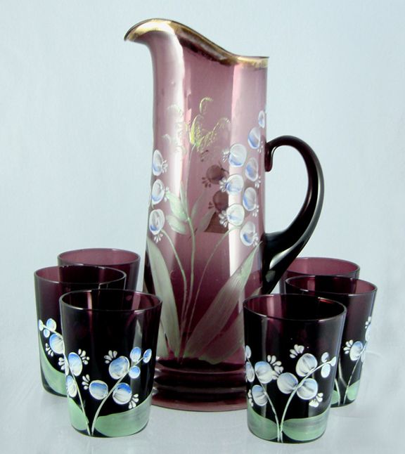 Vintage Glass LEMONADE SET Purple Amethyst Hand Painted