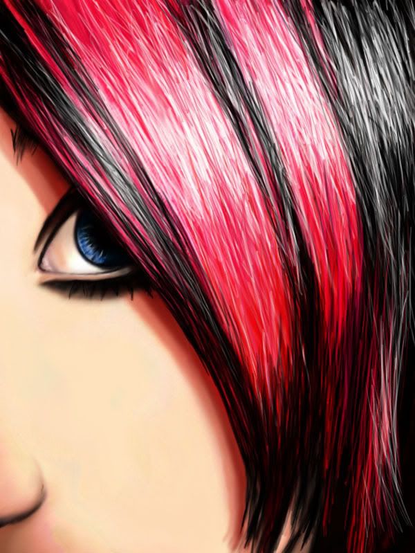 Hair: black with pink streaks. Eyes: bright blue. Age: 16. Home: America