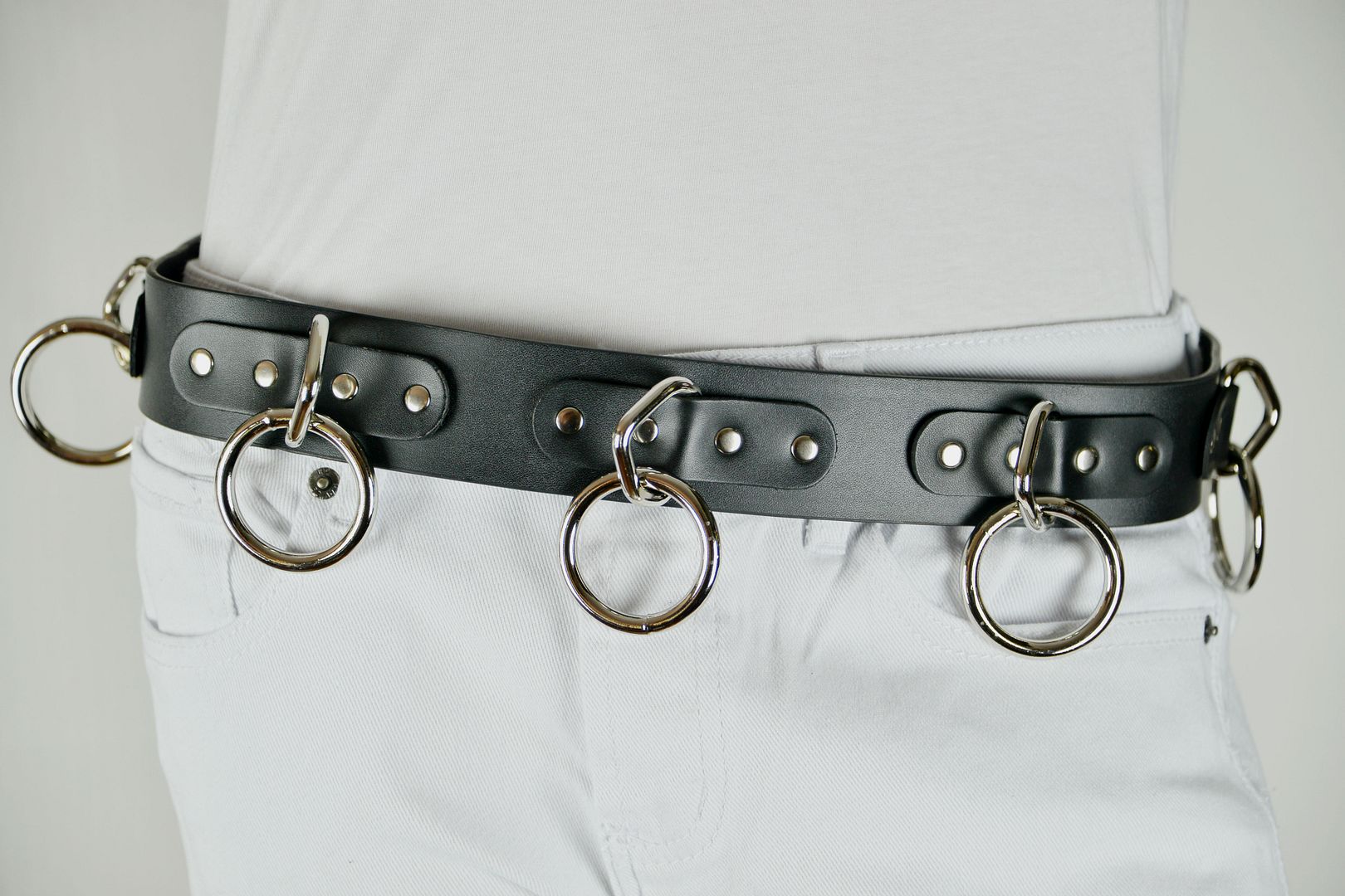 LEATHER BELT RINGS BIKER BONDAGE GOTH HEAVY METAL ROCKER PUNK CYBER